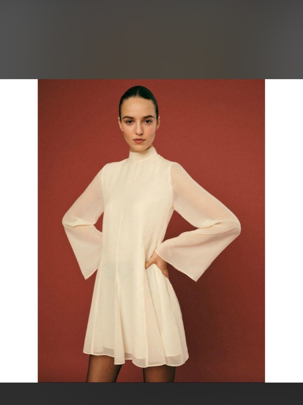 Reformation Cream High-Neck Bell-Sleeve Mini Dress